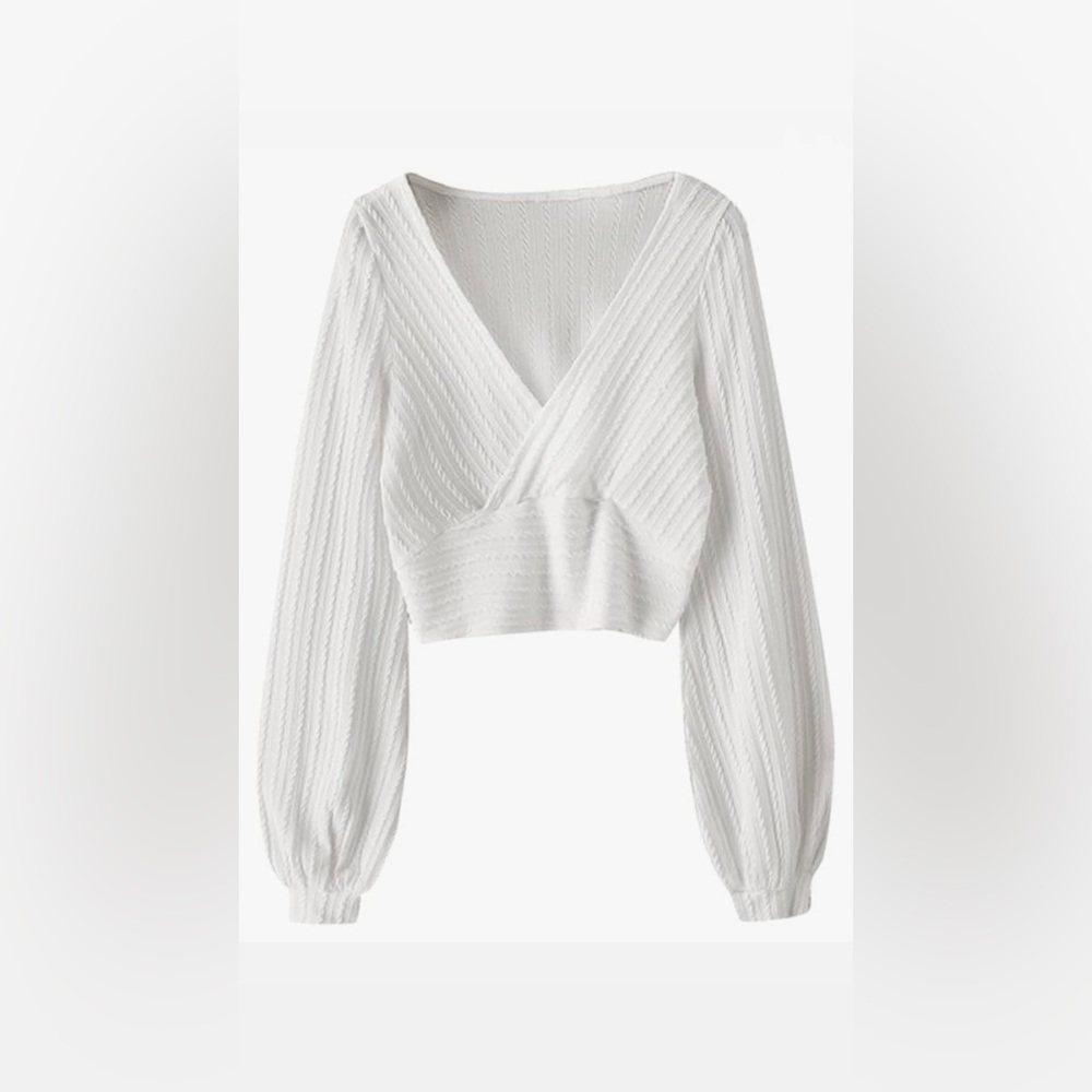 ZAFUL Pullover Ribbed Cropped Knit Drawstring Ruched Solid V-Neck Long Sleeve